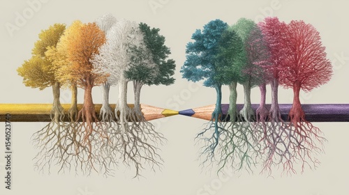 Colorful Trees Growing Side by Side with Pencil Roots Representing Nature and Artistry in Harmony and Balance