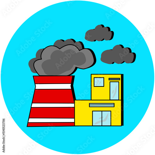 Red industrial factory illustration vector with a chimney emitting smoke. Ideal for manufacturing, production, environmental concepts, and urban pollution issues.
