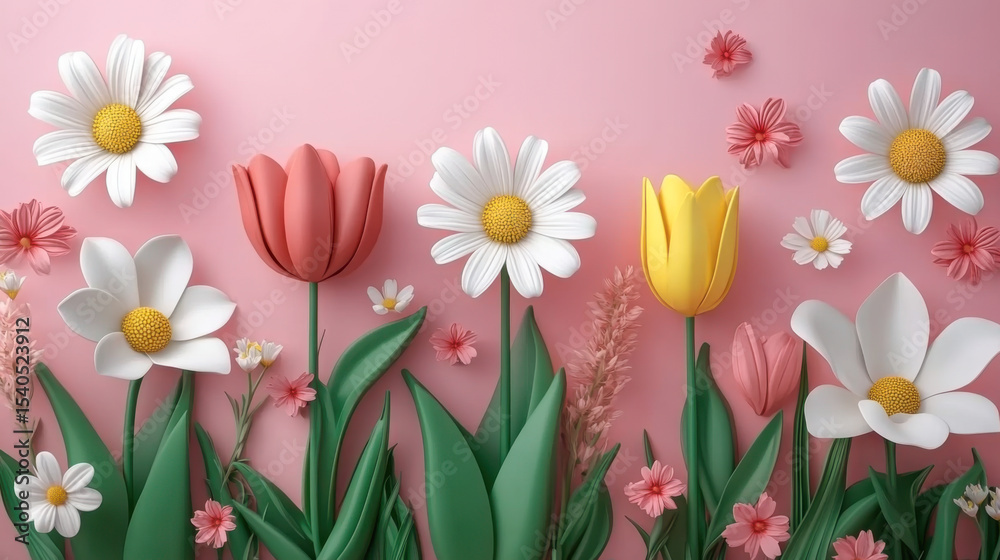 Fototapeta premium Paper cut flowers daisies and tulips on blue background