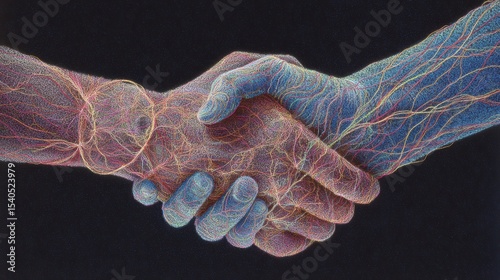 Vibrant Hands Shaking with Colorful Energy Lines Illustrate Unity and Connection in Colored Pencil Artwork