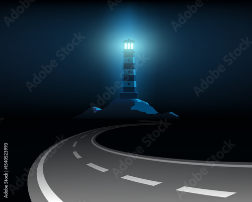Winding road leads to the light of the lighthouse. Vector illustration