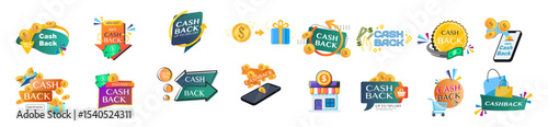 Cashback Icon Set. Return Money, Cash Back Rebate, Financial Services, Refund, Savings, Currency Exchange, Mobile Payment. Vector Illustration on Transparent Background