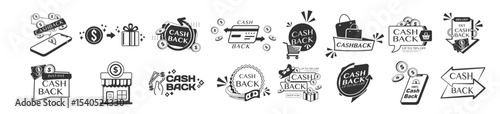 Cashback Icons Set. Cashback Badges and Labels. Bonus, Reward, Discount, Loyalty, Shopping, Refund Symbols Isolated on Transparent Background