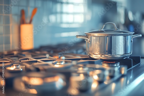 A spotless stovetop with a gleaming pot symbolizing the satisfaction of a clean and functional kitchen with copy space