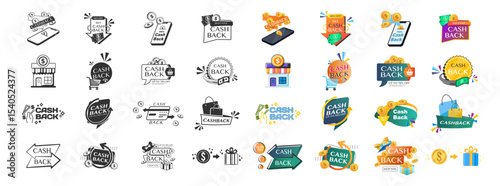 Cashback Icons Set. Cashback Badges and Labels. Bonus, Reward, Discount, Loyalty, Shopping, Refund Symbols Isolated on Transparent Background