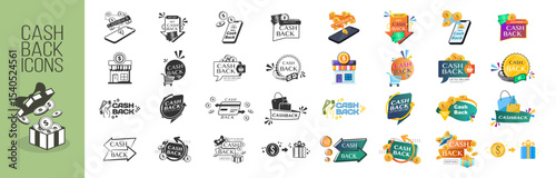 Cashback Icon Set. Return Money, Cash Back Rebate, Financial Services, Refund, Savings, Currency Exchange, Mobile Payment. Vector Illustration on Transparent Background