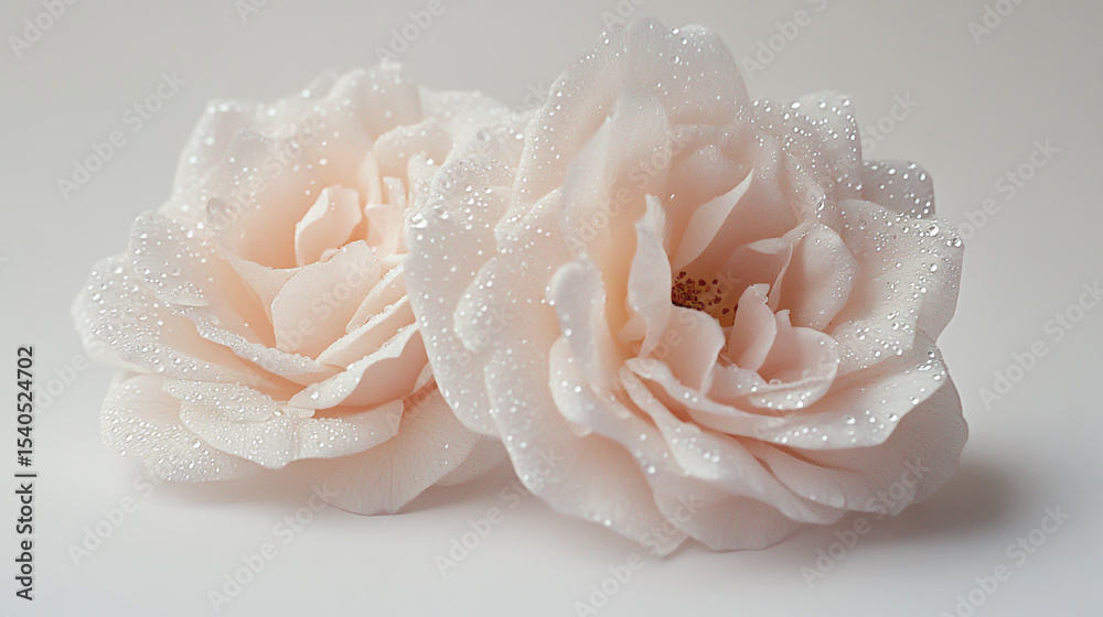 Fototapeta premium Two pale pink roses with dew drops on them, isolated on a white background.