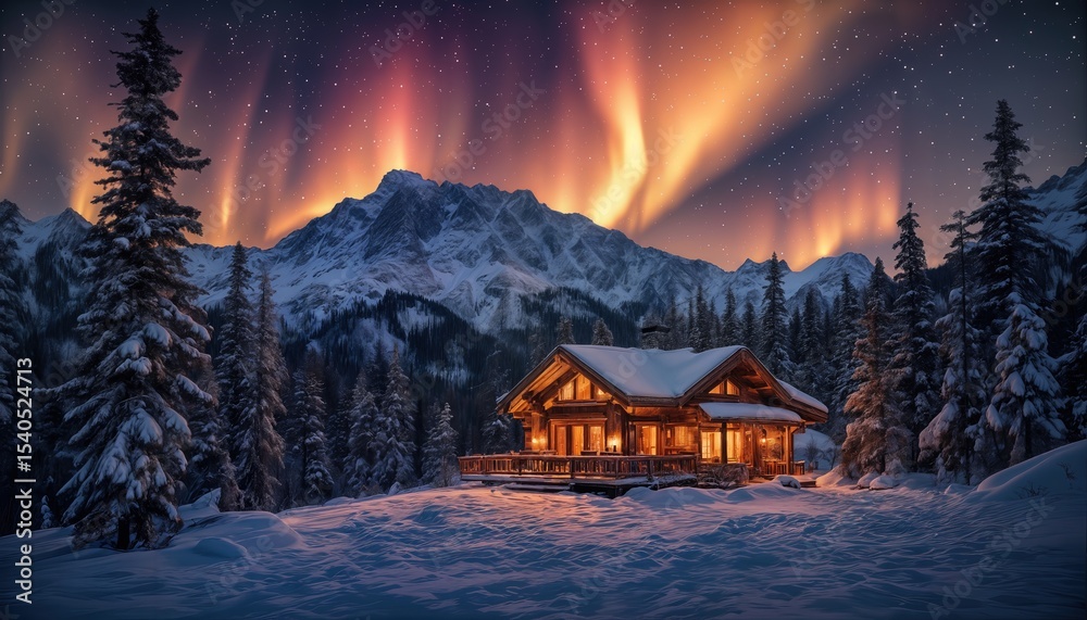 Fototapeta premium a cozy log cabin glows warmly amidst a snow-covered forest under a vibrant display of the aurora borealis and towering, snow-capped mountains.