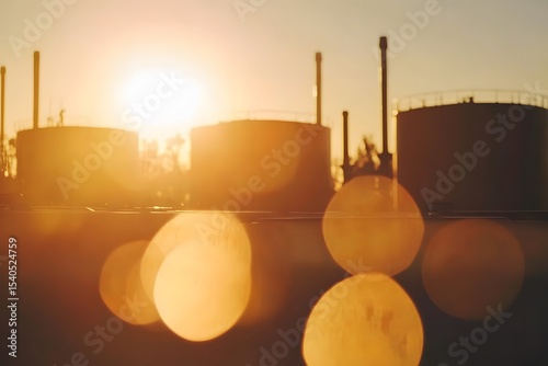 A soft-focus shot of a cluster of oil tanks, captured with a delicate bokeh effect in the foreground, while the morning sun brightens the background. 