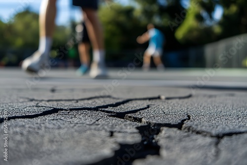 A sharp focus on cracks in a public sports court with blurred players struggling in the background