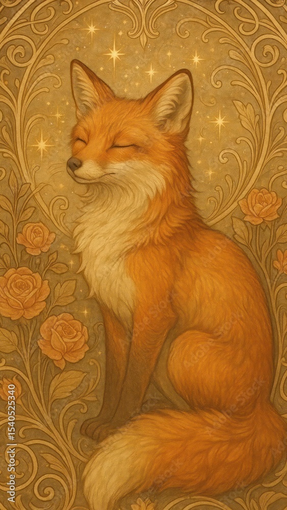 Obraz premium Elegant fox amidst floral patterns.