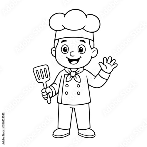 cartoon chef with a tray vector. Black and White Cartoon Illustration of a Happy Little Chef Holding a Spatula and Wearing a Chef Hat