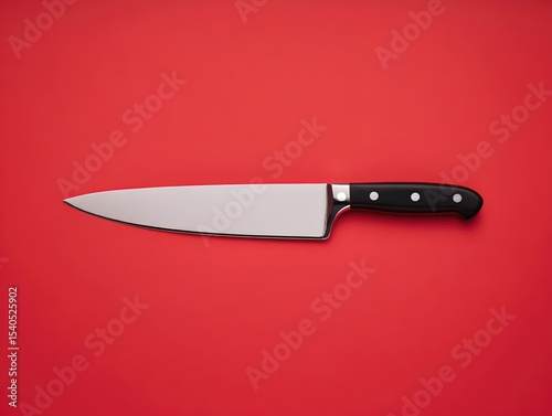 A chef knife lies flat across a bright red backdrop, showcasing its shiny, sharp blade and ergonomic handle. The setting emphasizes the tool’s readiness for food preparation tasks in the kitchen