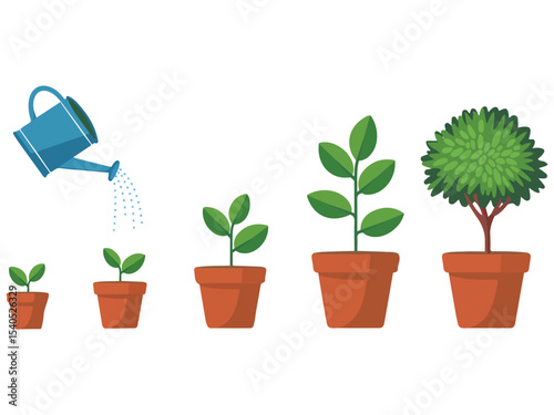 small plant growing in pot with soil and water isolated vector illustration