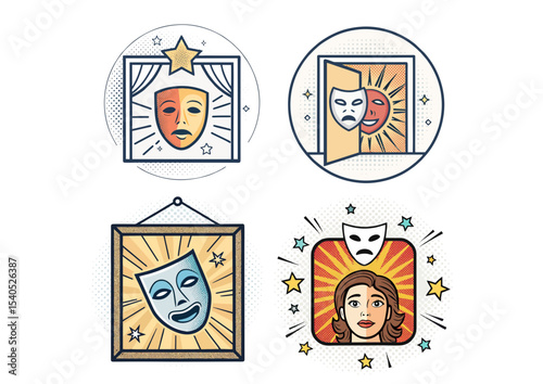 Mask falling away to reveal a glowing new face underneath, comic symbolism of inner transformation