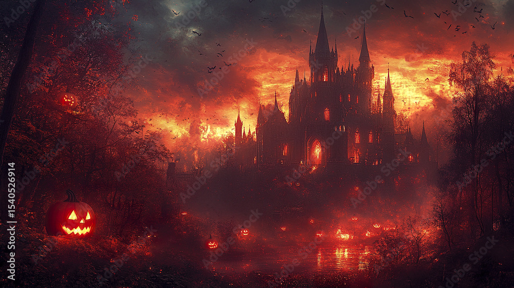 Fototapeta premium spooky castle surrounded by glowing pumpkins and dark, eerie atmosphere evokes Halloween vibes