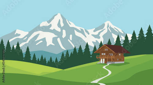 Vector illustration of an alpine landscape with snowy mountain peaks, pine forest and wooden chalet on a green meadow under a clear blue sky