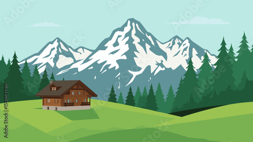 Vector illustration of an alpine landscape with snowy mountain peaks, pine forest and wooden chalet on a green meadow under a clear blue sky