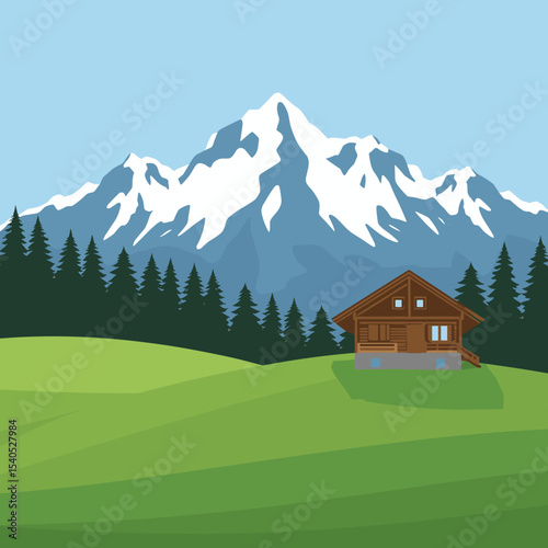 Vector illustration of an alpine landscape with snowy mountain peaks, pine forest and wooden chalet on a green meadow under a clear blue sky