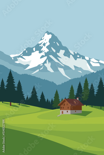Vector illustration of an alpine landscape with snowy mountain peaks, pine forest and wooden chalet on a green meadow under a clear blue sky