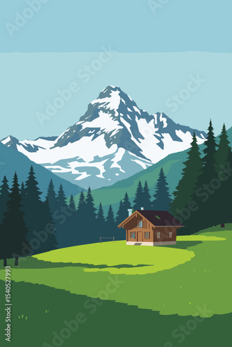 Vector illustration of an alpine landscape with snowy mountain peaks, pine forest and wooden chalet on a green meadow under a clear blue sky
