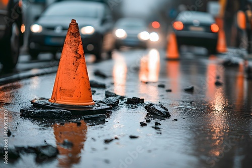 A focused low angle view of damaged traffic cones with blurry cars navigating around them 