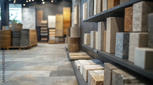 Modern interior decoration materials displayed showroom, showcasing various textures and colors