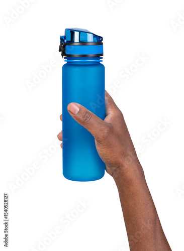 Man holding a plastic reusable bottle of water isolated on white background