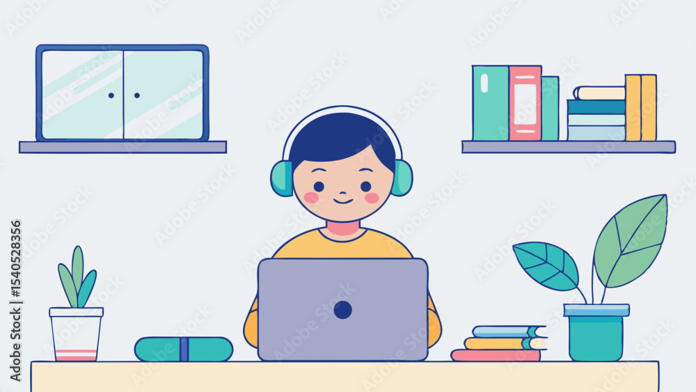 A focused cartoon student wearing headphones studying diligently at home with a laptop in a cute flat design and a