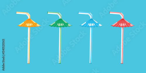 straw with umbrella, summer plastic utensils, destroyed disposable drinking utensils, drink accessories, flat illustration of discarded and destroyed filter