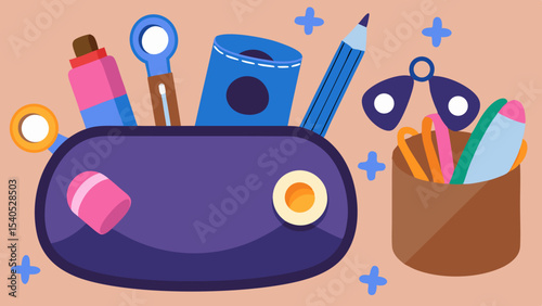 A student s organized desk area inspires creativity with colorful pencils rulers and erasers in a cute cartoon flat lay