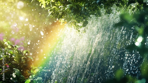 Enchanted Waterfall: A Rainbow's Embrace in Lush Greenery