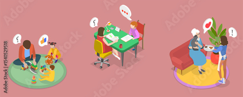 3D Isometric Flat Vector Illustration of Taking Care of Eldery and Kids, Scenes of Caregiver Services