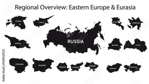 Silhouette Map Set of Eastern Europe and Eurasia Countries. SVG file.