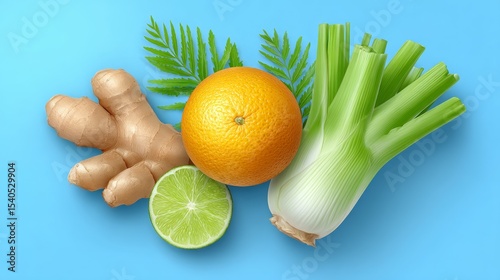 Exploring health benefits of fresh ingredients kitchen infographic bright environment aerial view nutritional concepts