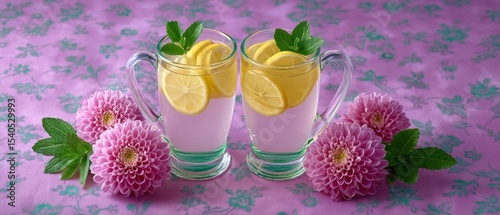 Refreshing citrus infused water with ginger relaxing home setting beverage photography vibrant floral background