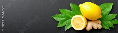 Flat lay of detox ingredients including lemon and ginger kitchen food photography natural light health concept