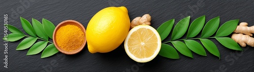 Detox ingredients including lemon and ginger flat lay composition kitchen environment top-down view for healthy living