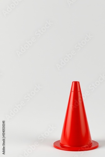 a red traffic cone is placed next to a plain white background, creating an abrupt contrast between the objects
