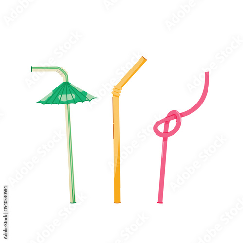 cute straw set of various shapes and sizes, summer plastic utensils, drink accessories, flat illustration of discarded and destroyed filters