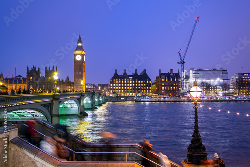 Photography Illuminated London cityscape featuring Big Ben clock tower, Westminster Bridge w