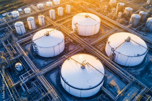 A birds-eye view of the entire refinery, with long shadows of tanks and columns reaching out, as the sunrise colors subtly paint the sky. 