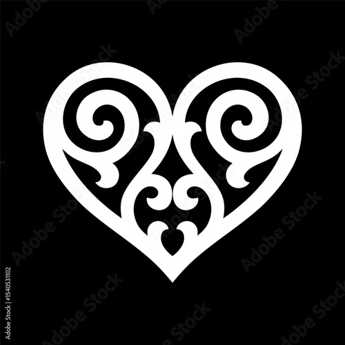 Stylized white ornamental heart with ethnic swirl pattern on a black background. Elegant symmetrical symbol perfect for design, decor, or Valentine's themes