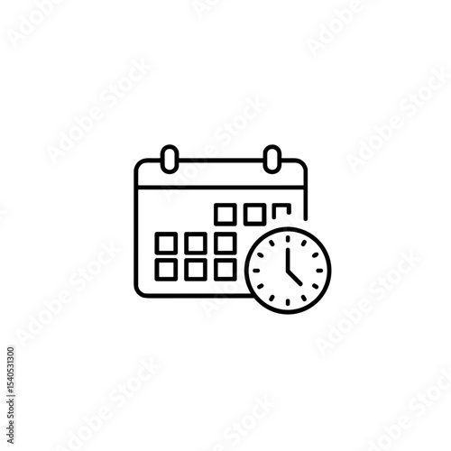 Calendar icon with clock, scheduling concept, modern design, minimalistic style, black and white