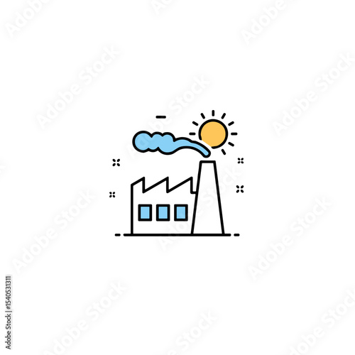 Industrial factory icon with sun and smoke, energy production concept, modern design, colorful style