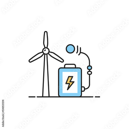 Wind turbine and battery icon, renewable energy concept, modern design, colorful style
