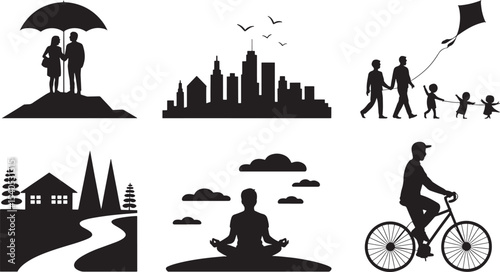 Black Silhouette Composition Cityscape Couple Family Kite Yoga Bicycle