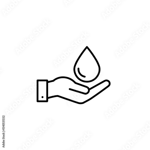 Hand with water drop icon, water conservation concept, modern design, minimalistic style, black and white