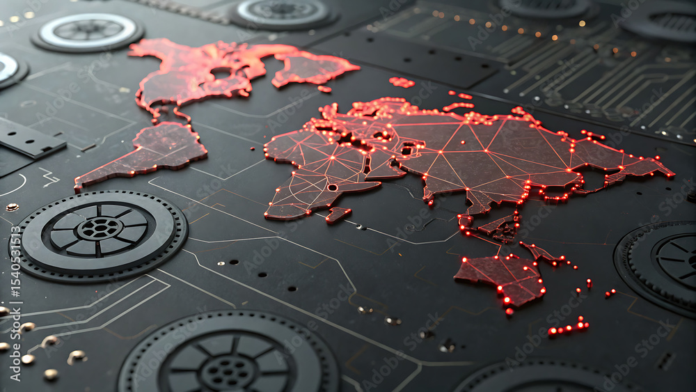 Naklejka premium A glowing red world map is displayed on a dark circuit board background