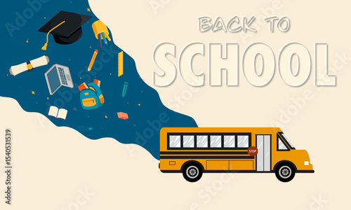 Bus School with stationery school elements and back to school graffiti 3d. back to school theme